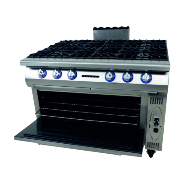 estufa de 6 fogones con horno en acero inoxidable